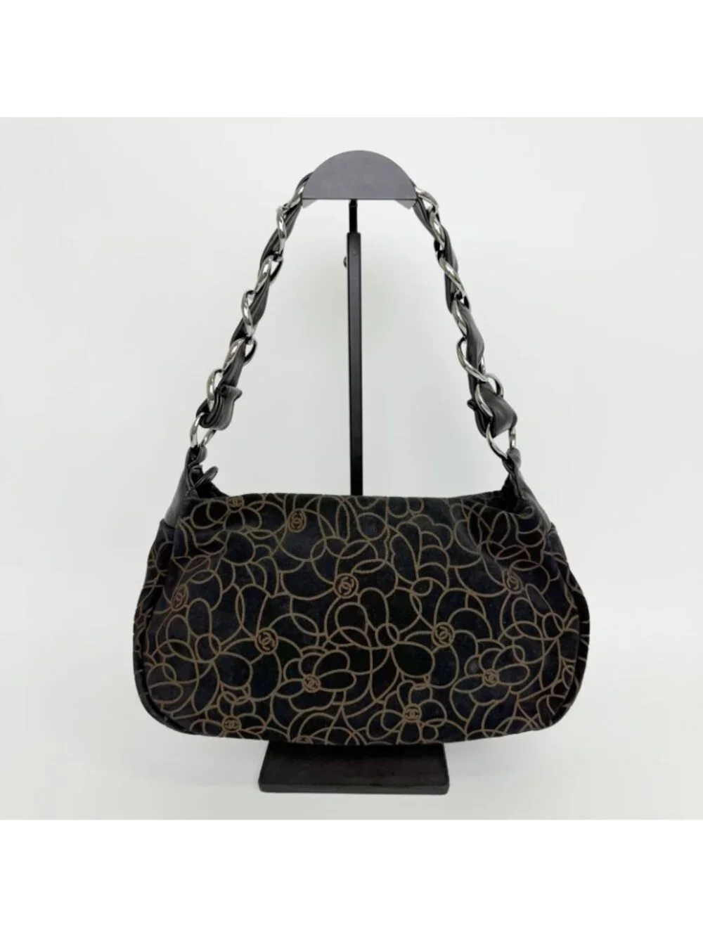Chanel Camellia Print CC Logo Chain Shoulder Bag Suede Leather Black Silver